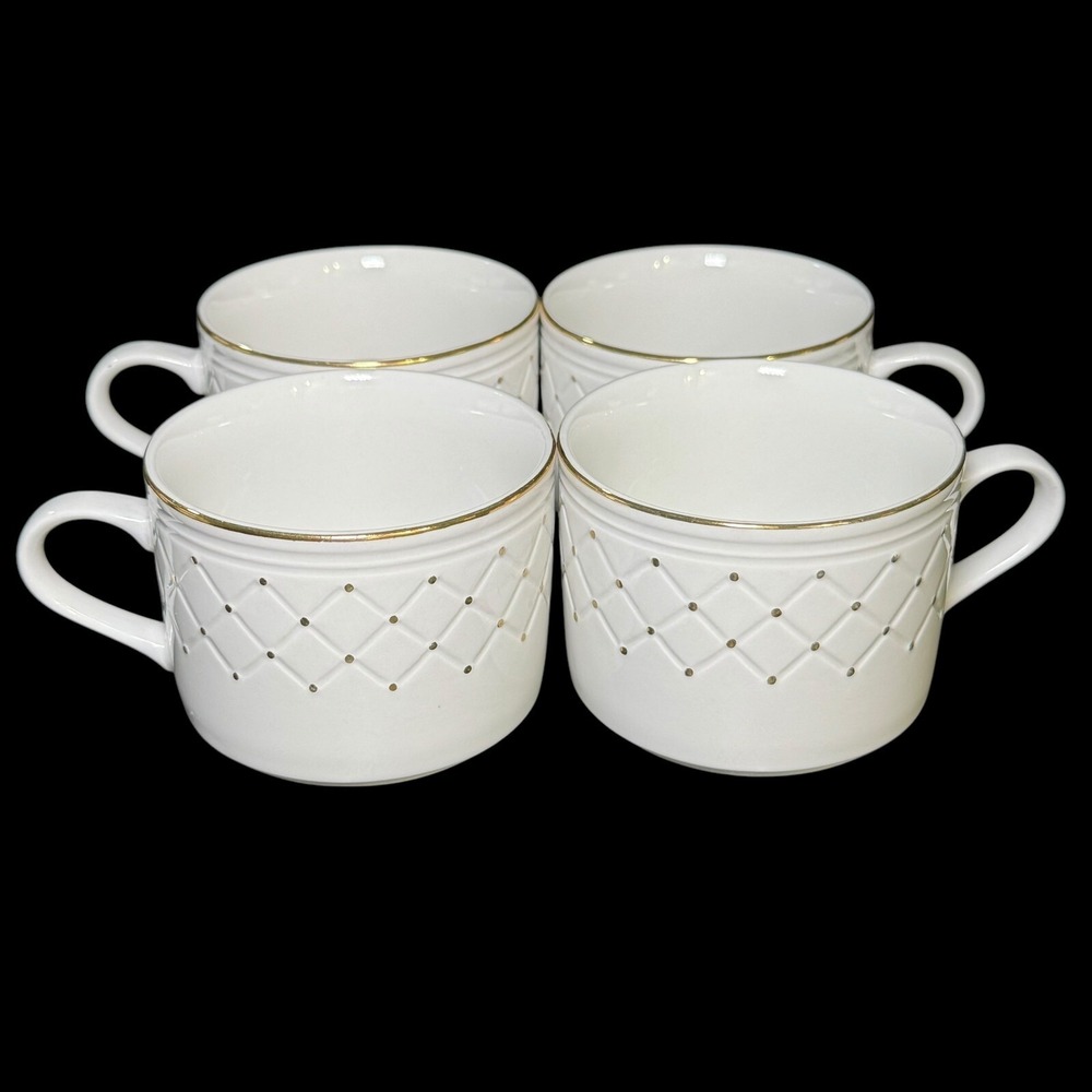 Gibson Golden Basket Flat Coffee Cup White and Gold‎ Set of 4
